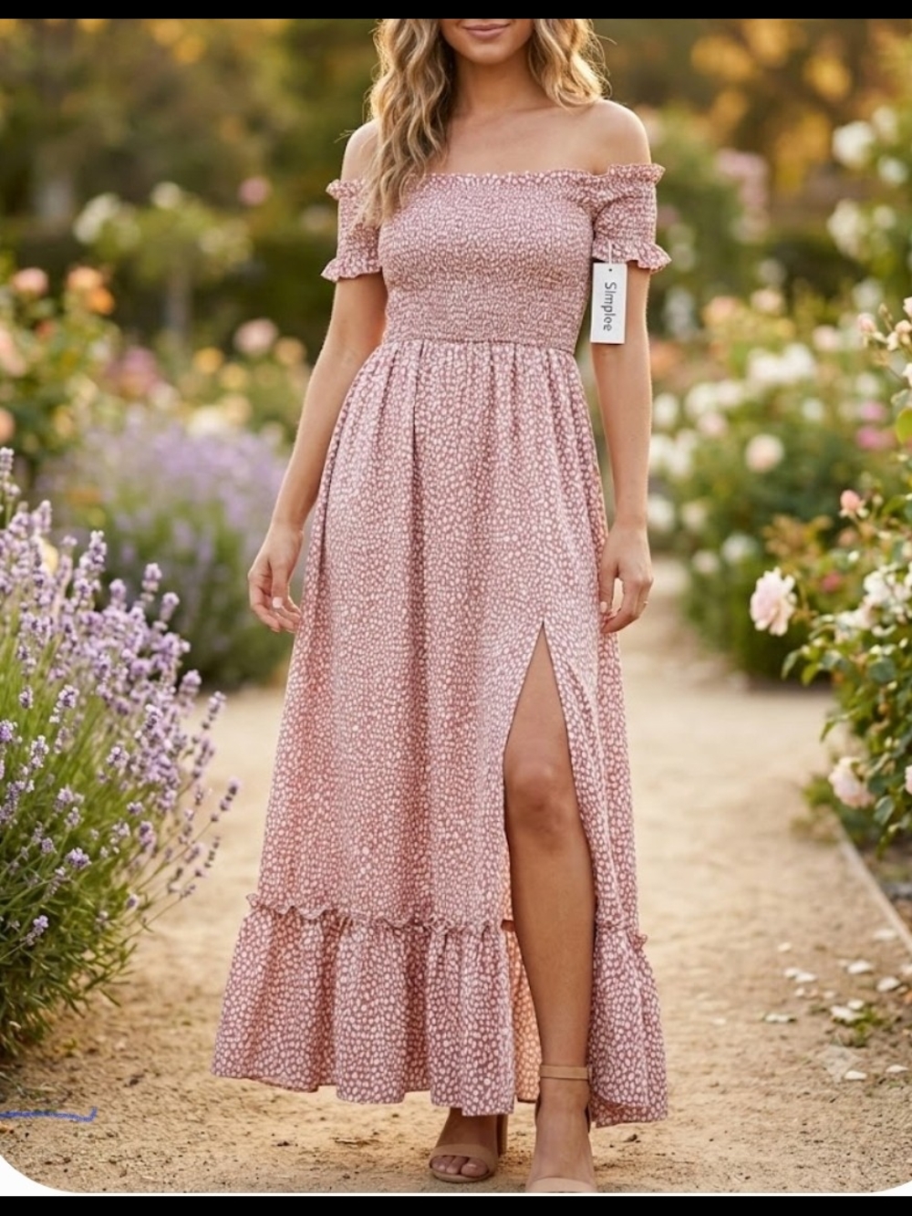 Simple Dusty Pink Off-Shoulder Maxi Dress with Side Slit